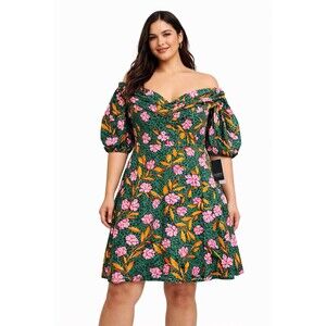 ELOQUII Floral Off Shoulder Dress Green Pink Cotton NWT Size 16